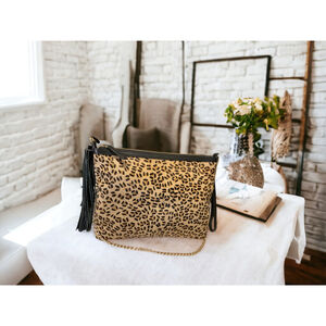 CHICO'S Leopard Print leather calf hair convertible Chain & wristlet Bag 11X9